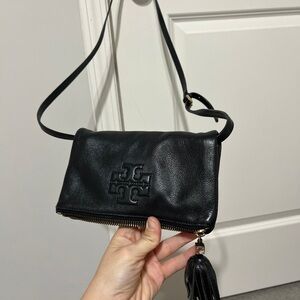 Tory Burch Thea Mini Leather Black Foldover Crossbody Purse